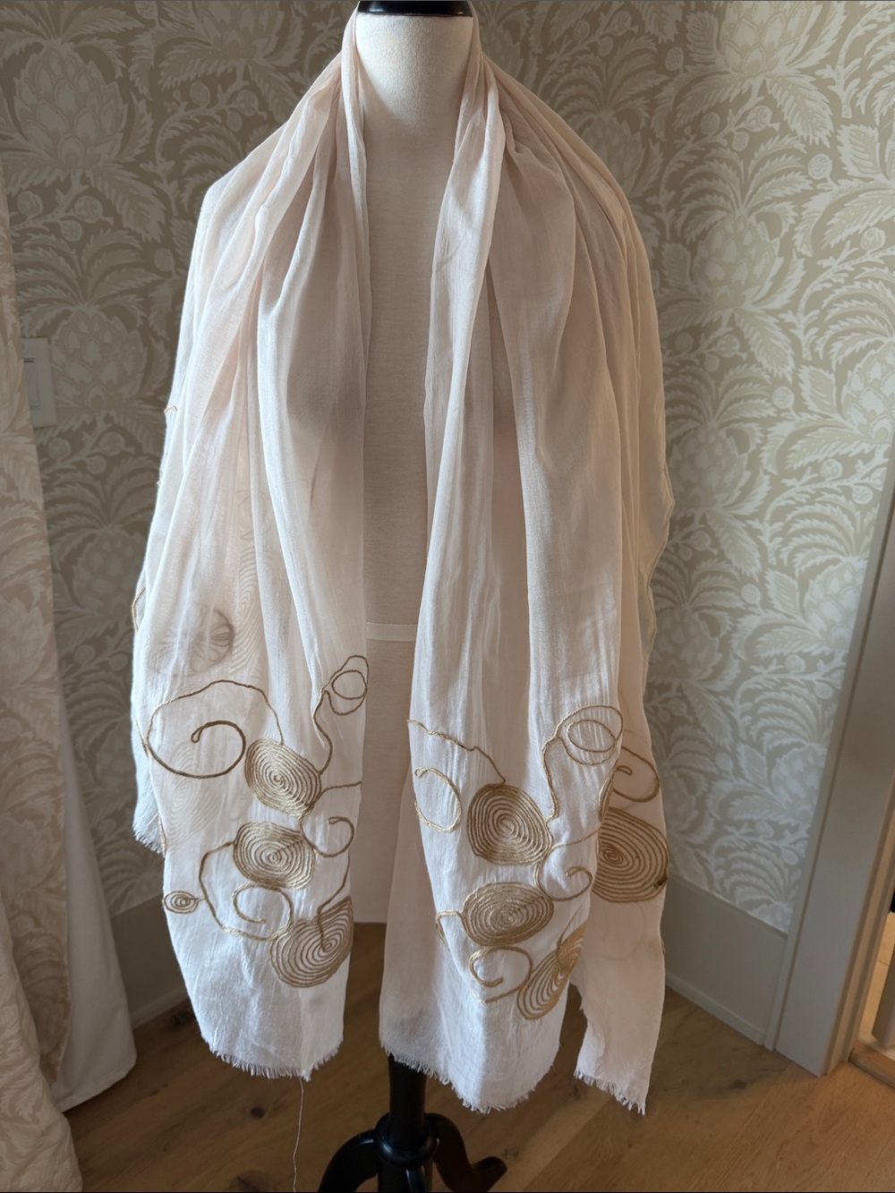 Sheer Cream Scarf with Jute Spiral Embroidery